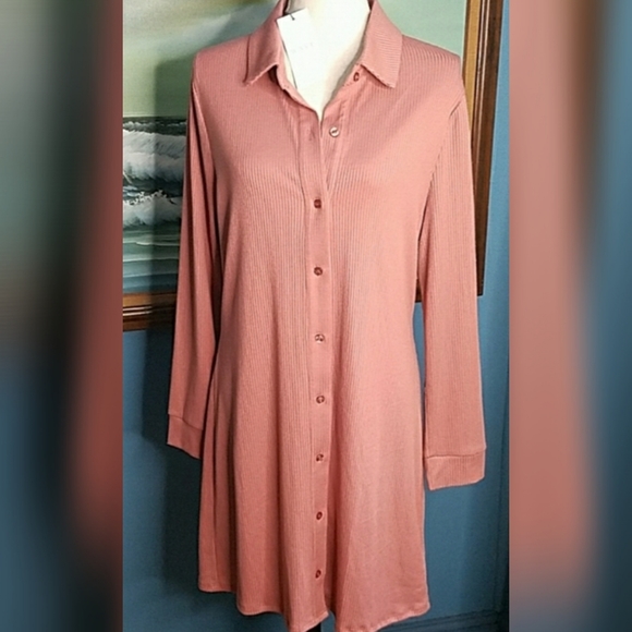 Wayf Dresses & Skirts - WAYF Clay Ribbed Longsleeve Button Collard Dress NWT